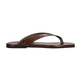 Dark brown leather thong sandal with textured strap, square open toe, and slim flat sole, side profile view