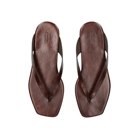 Dark brown leather flip flops with thong strap, square toe, and lightly cushioned footbed, shown from above as a pair
