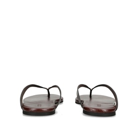 Pair of dark brown leather thong flip-flop sandals, slim straps, shown from rear angle on white background