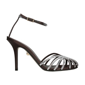 Dark brown satin stiletto sandal with crystal embellished cage straps, ankle buckle fastening, and slender high heel