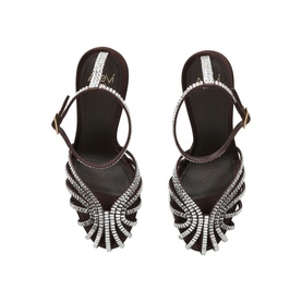 Black heeled sandals with crystal embellishment fan detail, ankle strap, and silver-tone buckle, shot from above