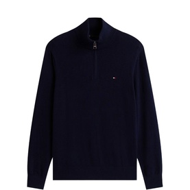 Tommy Hilfiger Desert Sky half-zip knit sweater with ribbed collar, embroidered flag logo on chest, navy fine-knit fabric