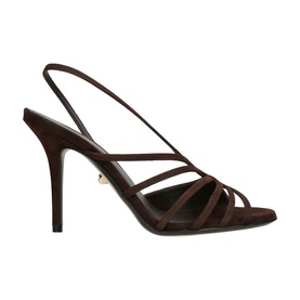 ALEVI brown suede slingback strappy heeled sandal with stiletto heel and gold charm detail