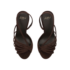 ALEVI brown suede strappy heeled sandals with knotted toe strap detail and slender stiletto heel, top-down view