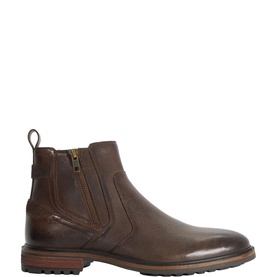 Dune dark brown leather Chelsea boot with side zip, elastic gusset, and chunky brown rubber sole