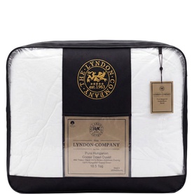 The Lyndon Company Pure Hungarian Goose Down Duvet in white packaging with branded black label and hang tag