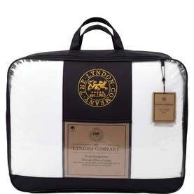 The Lyndon Company Pure Hungarian Goose Down Duvet in white, packaged in clear zip bag with branded black handles and label.