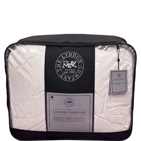 The Lyndon Company Hungarian Goose Down Duvet in white packaging with navy zip-up storage bag and branded label.