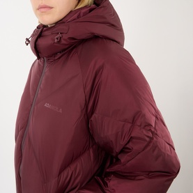 Model wearing Adanola Logo Diamond Quilted Jacket in Damson Red, featuring diamond quilting, tonal logo, and hooded design with concealed zip.