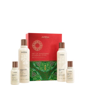 Aveda Gift of Awakening Body Care Gift Set with red decorative box and four Rosemary Mint products in full and travel sizes