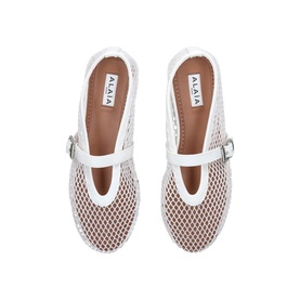 Azzedine Ala&iuml;a white mesh Mary Jane flats with buckle strap, tan leather insole, viewed from above