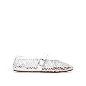 Azzedine Alaia white mesh leather Mary Jane ballet flat with silver buckle strap and woven sole detail