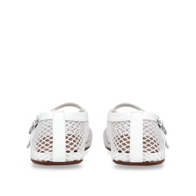 Azzedine Alaia white mesh flats with buckle strap detail, brown leather sole, shown from rear angle