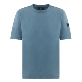 Belstaff Crew Neck T-shirt in petrol blue cotton, short sleeves, small sleeve badge detail, laid flat on white background