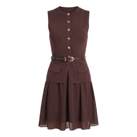 Forever New chocolate sleeveless dress with gold button placket, belted waist, patch pockets, and pleated chiffon skirt