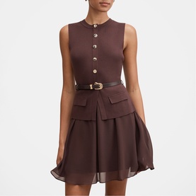 Model wearing Forever New chocolate sleeveless mini dress with gold buttons, patch pockets, flared chiffon skirt, and tan leather belt.