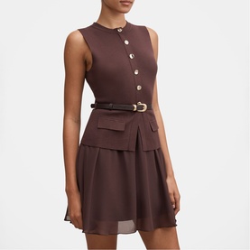Model wearing Forever New chocolate sleeveless mini dress with gold buttons, belted waist, patch pockets and layered chiffon skirt.