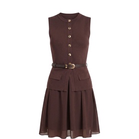 Forever New chocolate sleeveless dress with gold button placket, belted waist, patch pockets, and pleated chiffon skirt