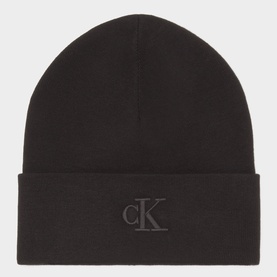 Calvin Klein black beanie hat with tone-on-tone embroidered CK monogram logo on folded cuff, viscose-polyester blend.