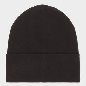 Calvin Klein black beanie hat with wide folded cuff, plain knit viscose-polyester blend, no model.