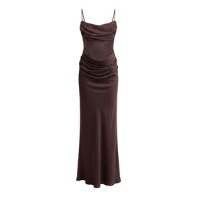 Forever New chocolate satin maxi dress with cowl neckline, ruched sides, and spaghetti straps