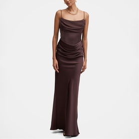 Model wearing Forever New chocolate satin maxi dress with cowl neck, spaghetti straps, ruched side detail and side split