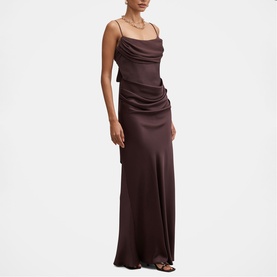 Model wearing Forever New chocolate satin maxi dress with cowl neck, ruched side detail and thin straps