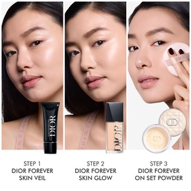 Dior Forever 3-step complexion routine: Skin Veil primer, Skin Glow, and On Set Powder, shown in use on model in three steps