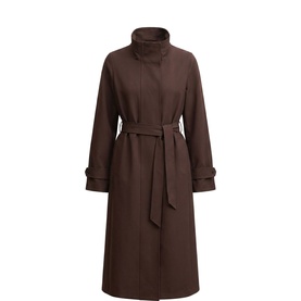 Forever New chocolate longline belted coat with high funnel neck, wrap front, and cuffed sleeves
