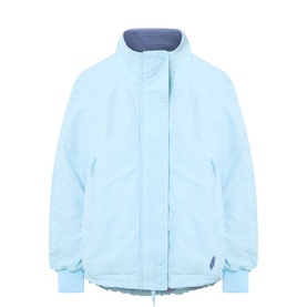 Free People Movement jacket in Cool Down Combo, light blue nylon shell with funnel neck, zip front, and contrast blue ribbed cuffs