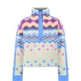 Free People Movement jacket in Isleknit Spring, fair isle fleece pattern with half-zip, blue trims, multicolour pink and purple print