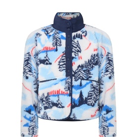 Free People Movement jacket in Alpine Combo, fleece with all-over ski resort print, navy collar and button placket