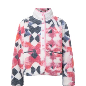 Free People Movement jacket in Mystic Meadow, fluffy fleece with pink, navy and white geometric print, snap-button placket and side pockets