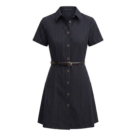 Forever New navy pinstripe belted shirt dress with short sleeves, collared neckline, and button-front fastening
