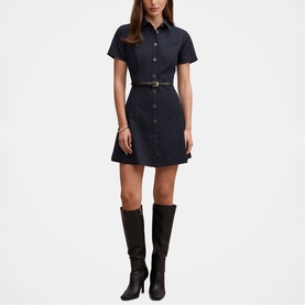 Model wearing Forever New navy short-sleeve button-front mini dress with belt, styled with black knee-high boots