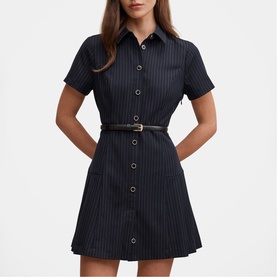 Model wearing Forever New navy pinstripe short-sleeve shirt dress with A-line skirt, button-front fastening and slim tan belt.