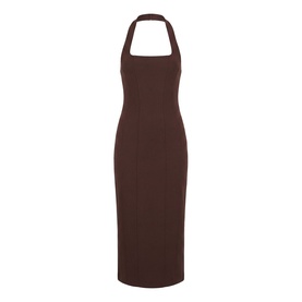 Forever New chocolate halterneck midi dress with square neckline and sleeveless silhouette, shown flat