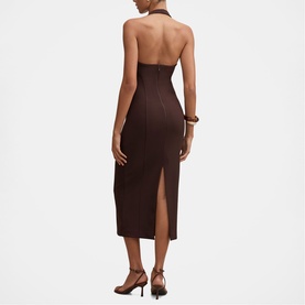 Model wearing Forever New chocolate halterneck midi dress with back split, styled with brown strappy heels.