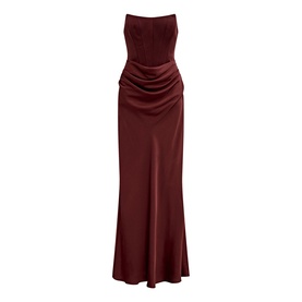 Forever New Vintage Burgundy strapless satin maxi dress with ruched waist detail and flared hem, no model