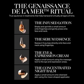 La Mer Genaissance De La Mer Anti-Ageing Skincare Gift Set ritual guide showing four steps: Infused Lotion, Serum Essence, Eye & Expression Cream,