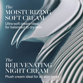 La Mer Day & Night Routine Travel Gift Set showing Moisturizing Soft Cream and Rejuvenating Night Cream textures with descriptive text overlays