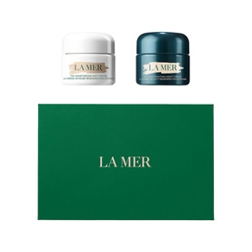 La Mer Day & Night Skincare Routine Gift Set, two cream jar miniatures in white and teal, with green gift box