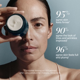 Model with La Mer Day & Night Skincare Routine Gift Set jar held to face, with consumer testing statistics overlay on blue background.