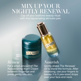 La Mer Rejuvenating Anti-Ageing Skincare Gift Set featuring Rejuvenating Night Cream and Renewal Oil duo on teal background