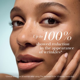 Model with La Mer Rejuvenating Anti-Ageing Skincare Gift Set. Close-up showing skin texture with clinical efficacy claim overlay.