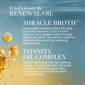 La Mer Rejuvenating Anti-Ageing Skincare Gift Set ingredient infographic highlighting Miracle Broth and Infinity Oil Complex with golden oil droplets.
