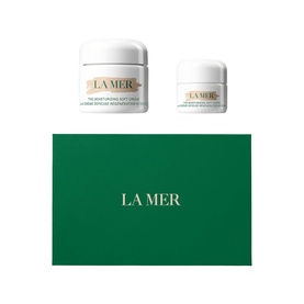 La Mer Moisturizing Soft Cream Hydration Gift Set, two cream jars in sizes large and mini on green gift box