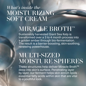 La Mer Moisturizing Soft Cream Hydration Gift Set informational graphic highlighting Miracle Broth and Multi-Sized Moisture Spheres key ingredients