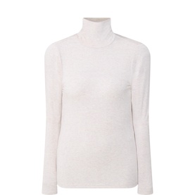 Levis oatmeal heather turtleneck top in lyocell-wool blend with long sleeves and ribbed collar and cuffs.