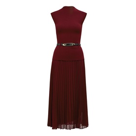 Forever New midi dress in Burgundy Rose, sleeveless with mock neck, pleated skirt and slim black belt detail